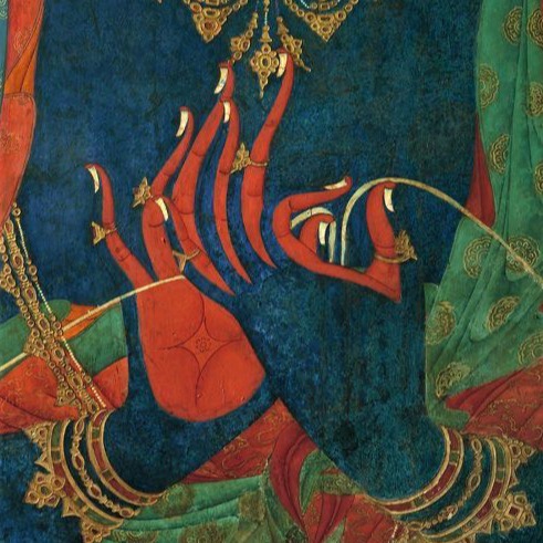 Détail de peinture murale bouddhiste provenant des grottes du Mustang au Népal (datant approximativement du XIIIe siècle), représentant les mains (en geste ou mudra) d'une divinité