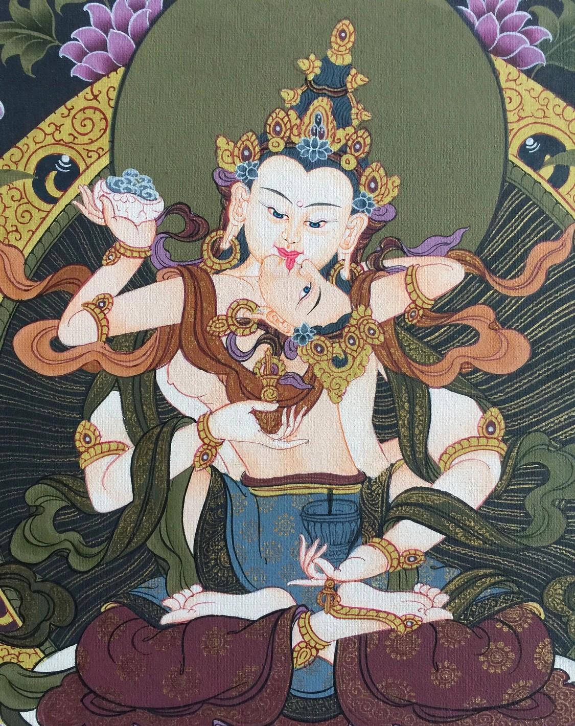 thangka tibétain traditionnel (peinture sur toile) représentant la divinité bouddhiste Vajrasattva en union mystique (en yab-yum) avec sa parèdre